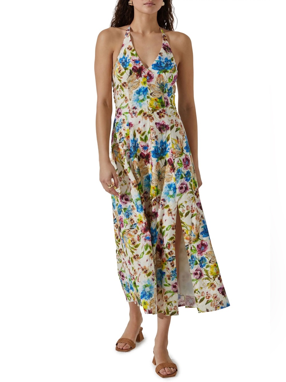 Astr the Label Floral Halter Maxi Dress with leg slit. NWT
